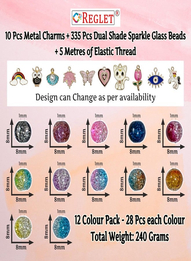 REGLET 10 Charms + 335 Pcs Dual Shade Sparkle Glass Beads for Bracelet Making Kit, DIY Jewellery Making Kit, Crystal Bead Craft, Bracelet Beads - Multicolour- 240g - Image 2